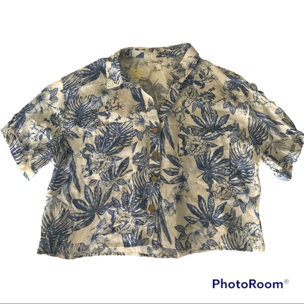 Panama Jack NWT blue white crop tropical print button down top shirt